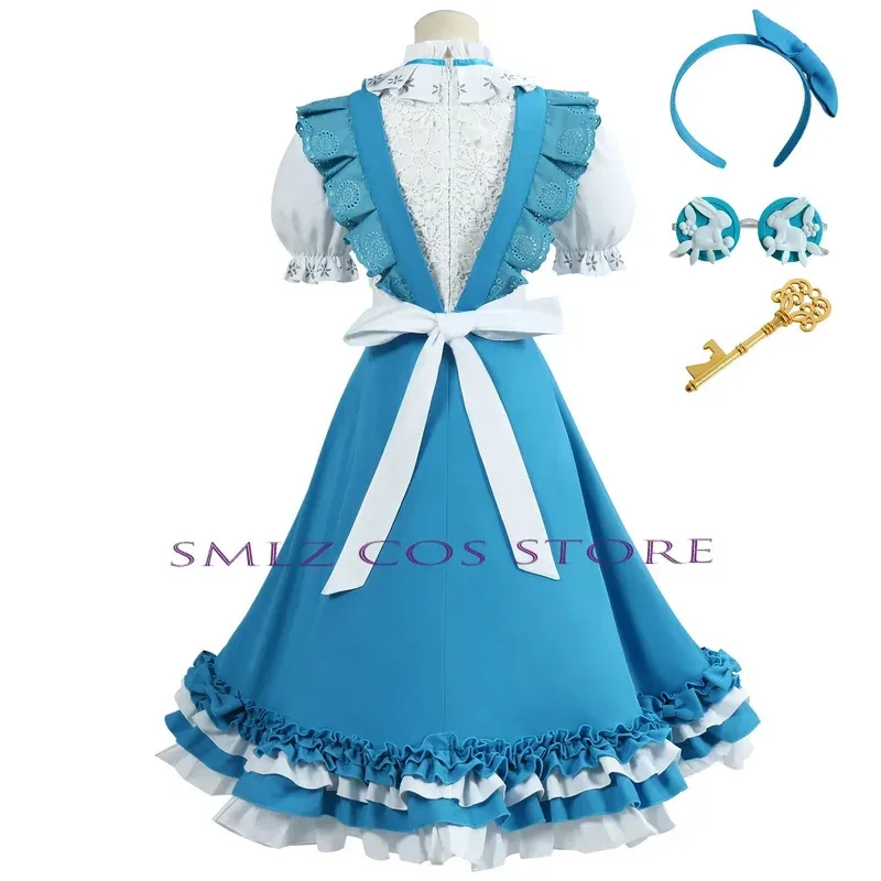 لعبة الهوية الخامس مراسل أليس تأثيري ازياء مراسل حلم أليس لوليتا فستان أزرق شعر مستعار البدلة حفلة اللعب الزي للمرأة