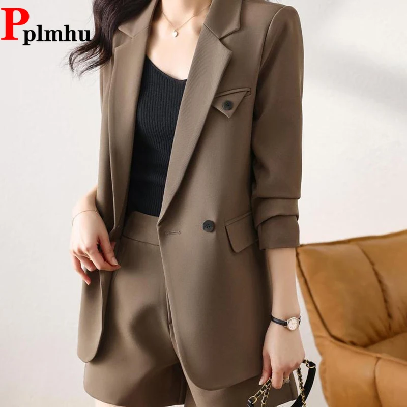 

Womens Slim Blazer Twe Piece SetsKorean Casual Tracksuit 2025 New Office Long Sleeve Blazers Jackets And Shorts Formal Outfits