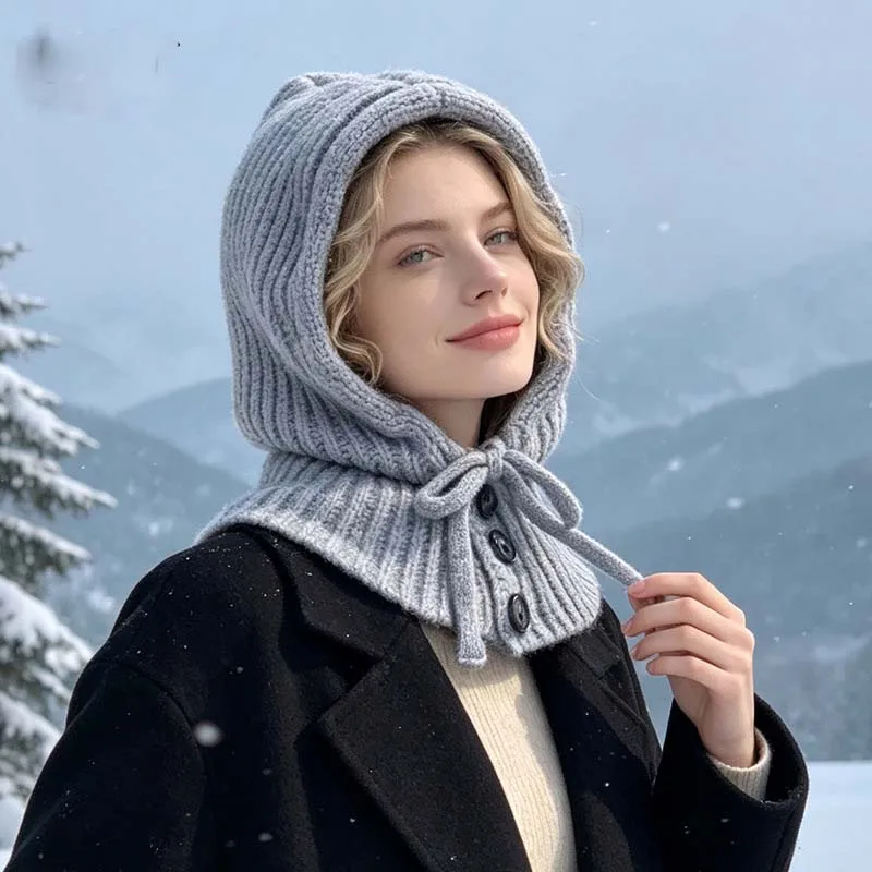 Knitted Beret Hat for Winter Warm Ear Cover Knitted Woolen Hat Shawl-style One-piece Hooded Hat Casual Windproof Neck Guard Hat