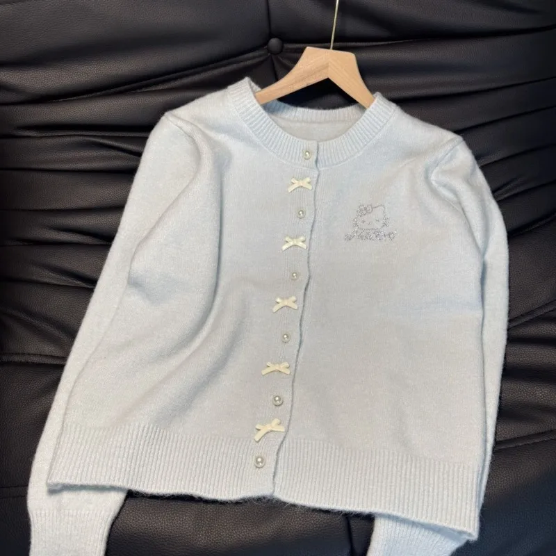 

Soft Autumn Loose Solid Color Simple Jacquard Hellokitty Gentle Bow Sweet Sweater Knitted Cardigan Coat Girl Versatile Short Top