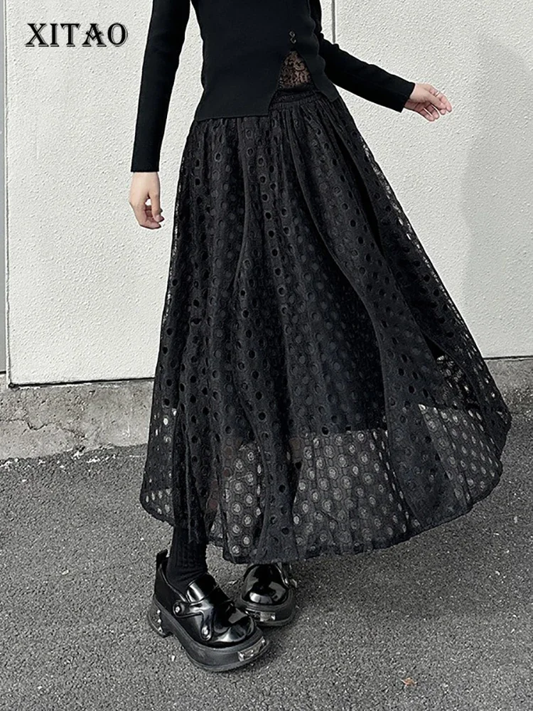 

XITAO A-line Loose Solid Color Mid-calf Female Skirt Casual Hollow Out Lace Fashion Grace New Spring Women Skirt GMM1103