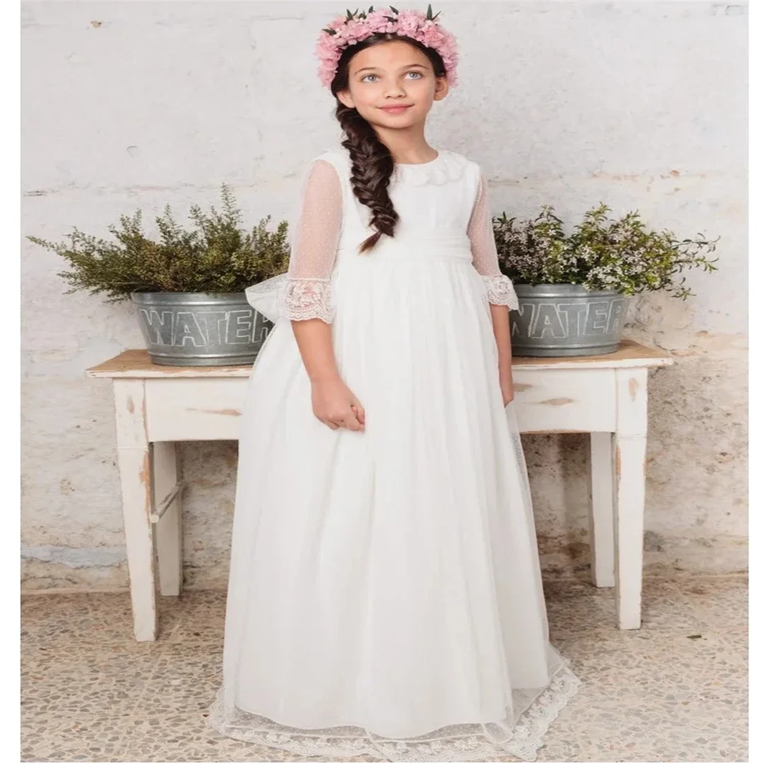 مع فيونكة بيضاء نصف كم لحفلات الزفاف وأعياد الميلاد وحفلات التواصل المقدس فساتين الأميرة زهرة فتاة فساتين الدانتيل الأبيض يزين