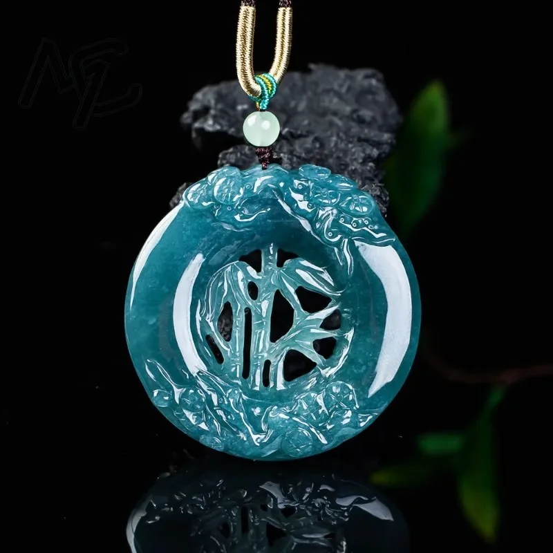 

Natural Real Emerald Blue Water Bamboo Joint Pendant Myanmar Jadeite Necklace Jewelry Charm Designer Luxury Vintage Women
