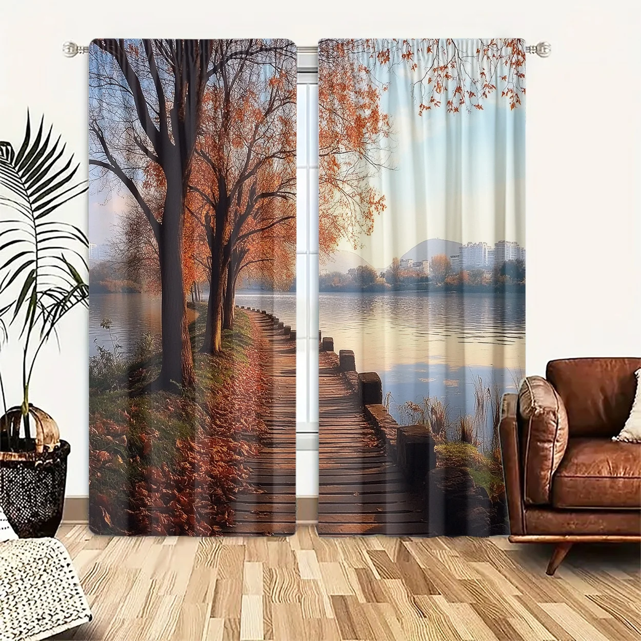 2pcs Autumn River Landscape Curtains HD Print Polyester Light Filtering Rod Pocket Living Room Bedroom Office