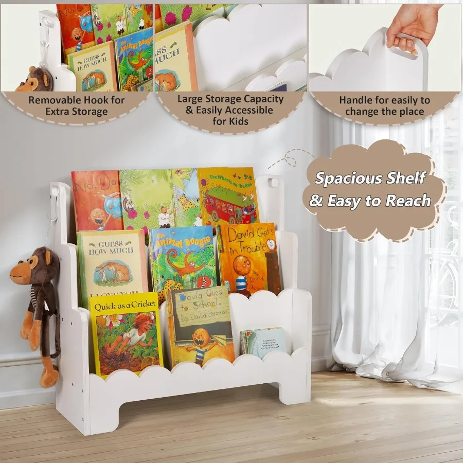 Wooden 3Tier Scalloped Bookshelf for 's Rooms FrontFacing Toddler Montessori Bookshelf Ideal for Baby Nursery and Classroom Eas