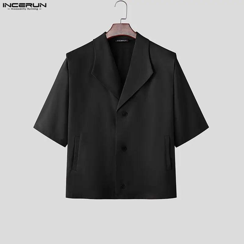 

INCERUN Men's Shirt Lapel Short Sleeve Summer Button Casual Menswear Clothing Camisa Streetwear Solid Fashion Shirts For Man