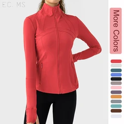 Women Sport Jacket with 4 Pockets Zipper Long Sleeves Thumb Holes Flex Slim Daily Running Yoga Exercise Coats