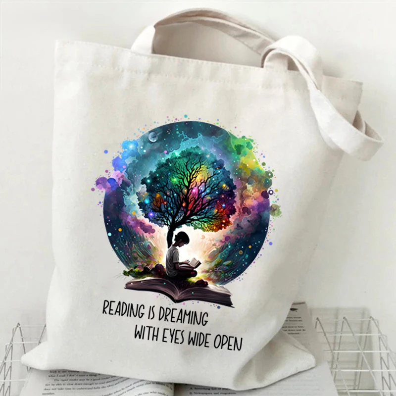 

Vintage Tote Bags Magic Books Design Women's Handbags Watercolor Bag Reading Is Dreaming with Eyes Wide Open Women Shopping Bags