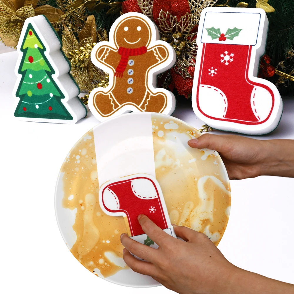 Christmas Cleaning Sponge Christmas Theme Decoration Kitchen Cleaner Scouring Pad For Washing Dish Pot Household Cleaning Tools