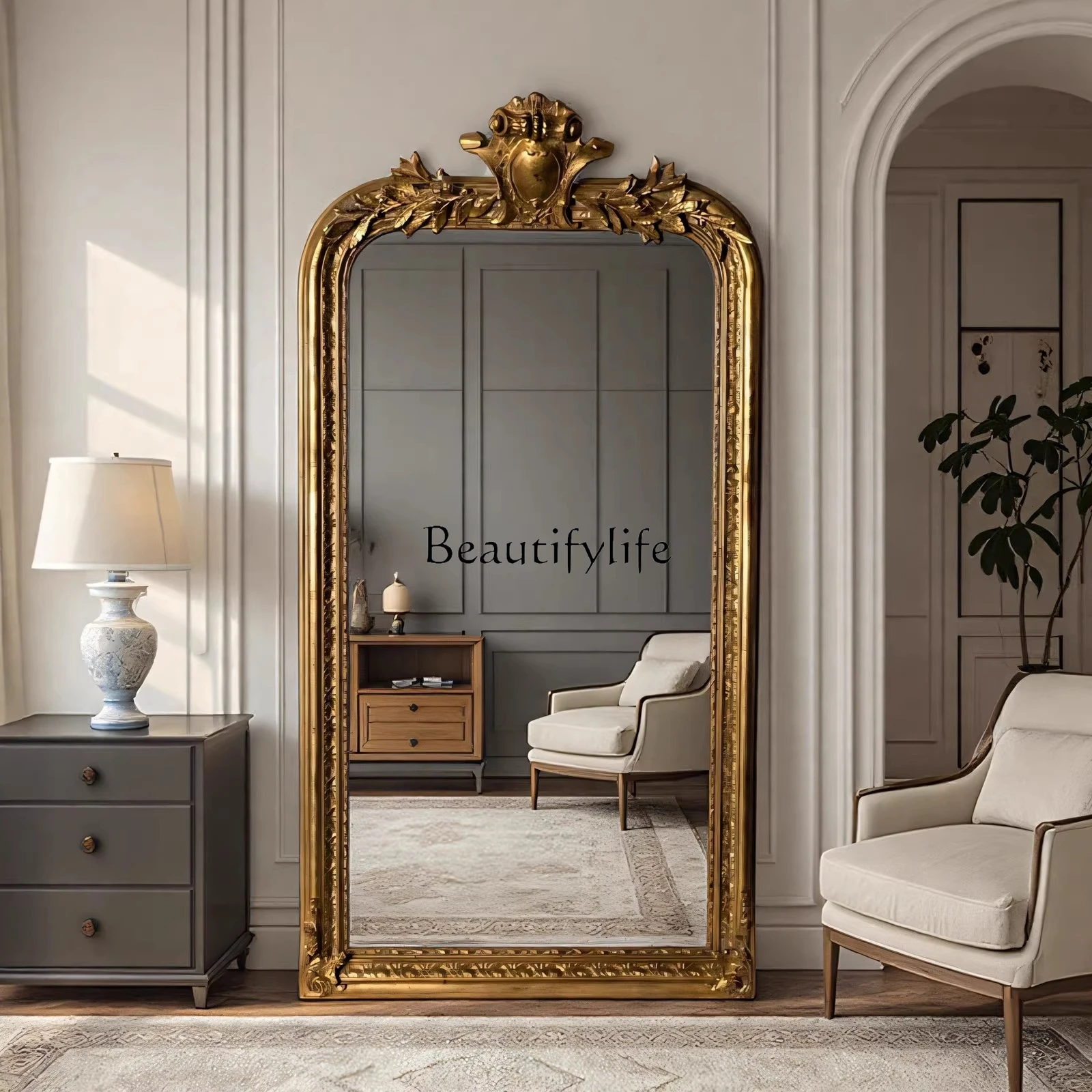 

French retro full-body mirror American floor-to-ceiling wall-mounted household carved cloakroom large mirror