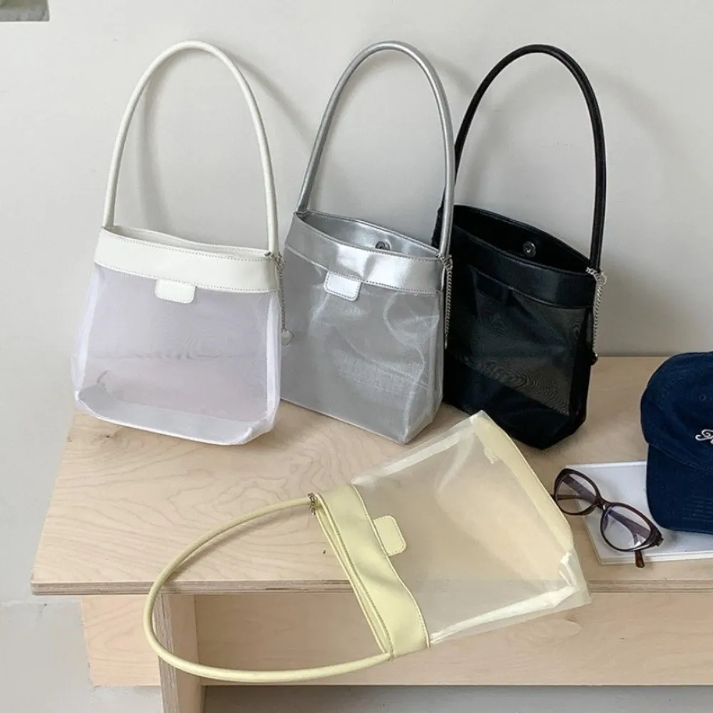 

Casual Lightweight Mesh Bucket Bag Simple Commuting Transparent Bag Large Capacity PU Leather Single Shoulder Bag Girls