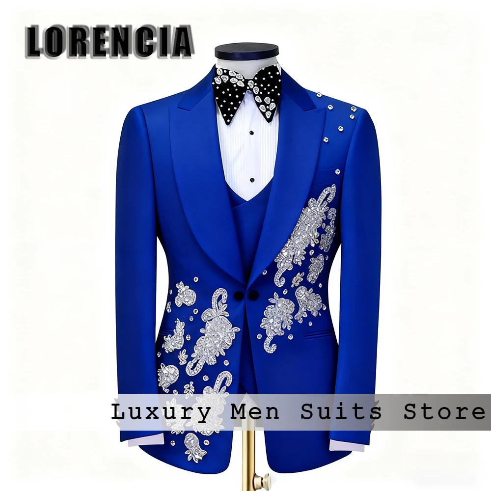 

Блестящий кристаллический костюм для мужчин, комплект смокингов с аппликацией, свадебный наряд жениха, индивидуальный пиджак, брюки traje ju изменений masculino