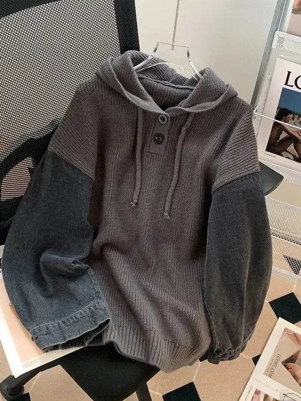 

Худи оверсайз из денима с ретро-пэчворком, осенне-зимняя, свободная, повседневная, в уличном стиле, с индивидуальным дизайном