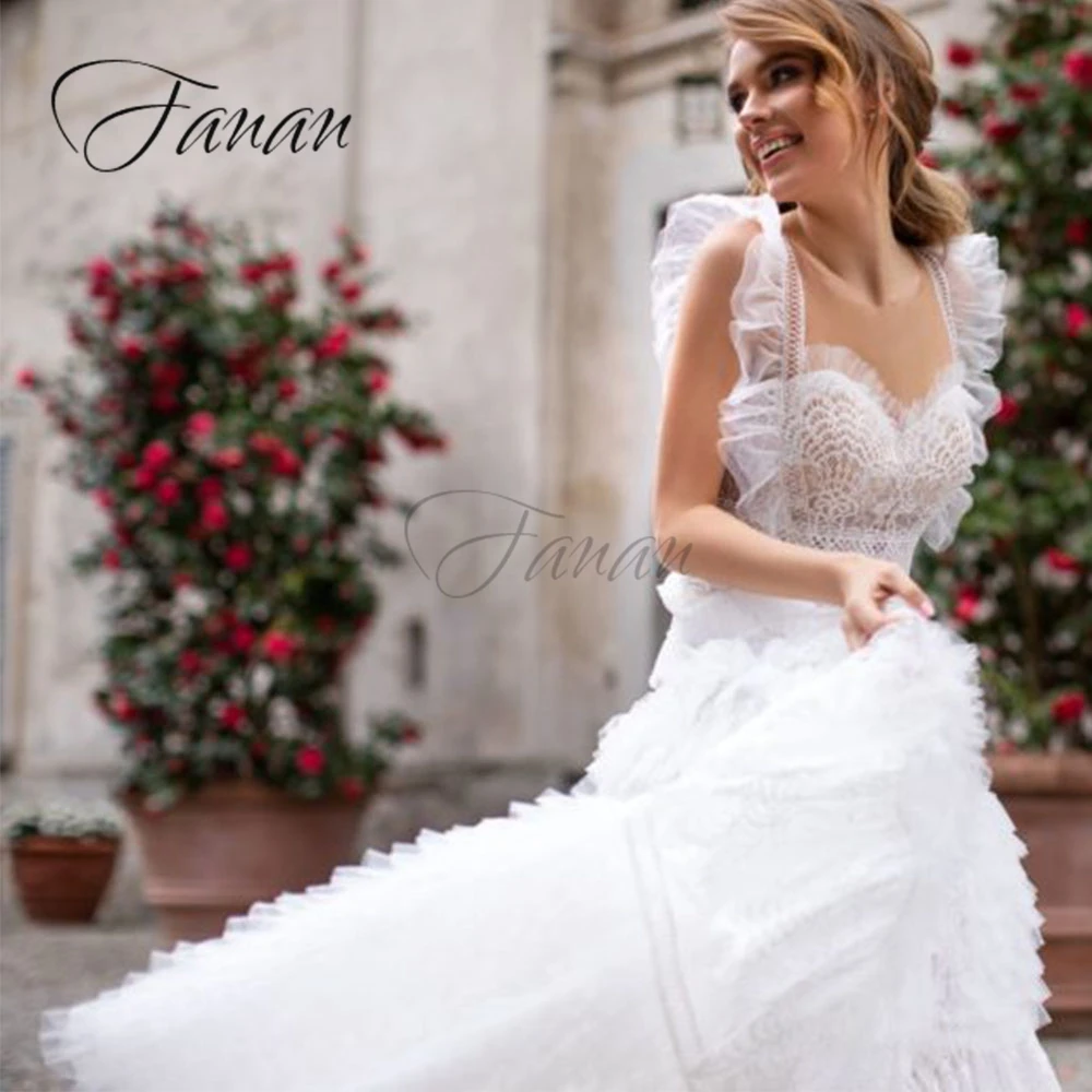 Elegant Bride Gown Sleeveless Ruffles Tulle Sexy Sweetheart Backless Wedding Dresses Lace Mesh Dress свадебное платье