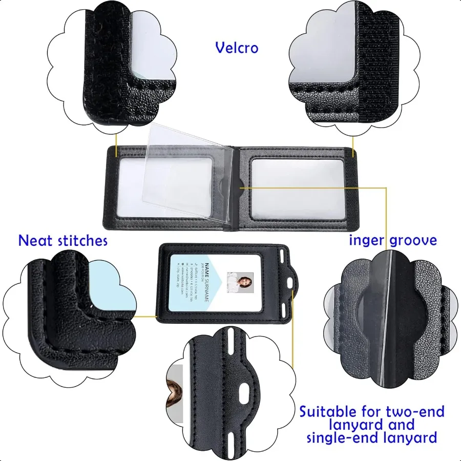 Suporte de crachá com 2 cordões de couro, contém facilmente cartões de 1 a 6 cartões, suporte de cartão de identificação resistente com três dobras para professor, escola, direito médico