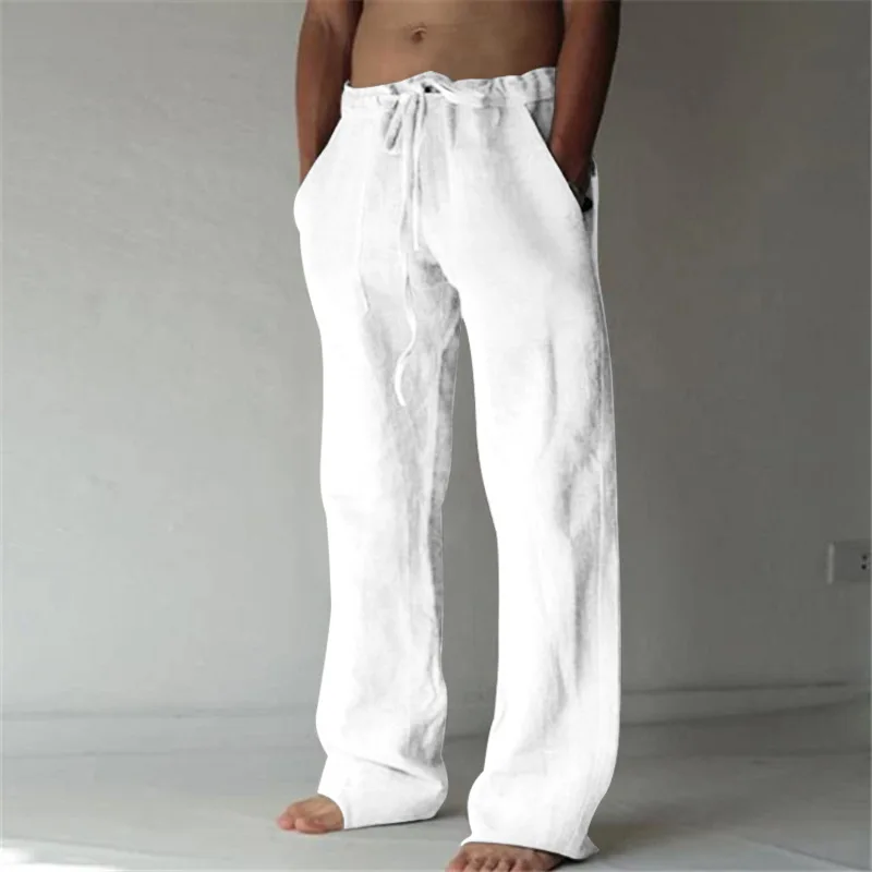 Calça de linho de algodão respirável masculina com elástico na cintura, monocromática, casual, verão, nova, 2022