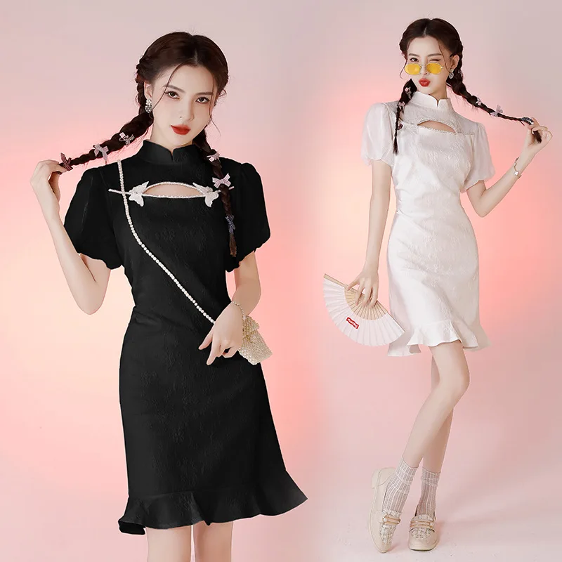 

FZSLCYIYI French Summer Puff Sleeve Mermaid Chiffon Bow Applique Qipao Casual Party Women Dress Cheongsam