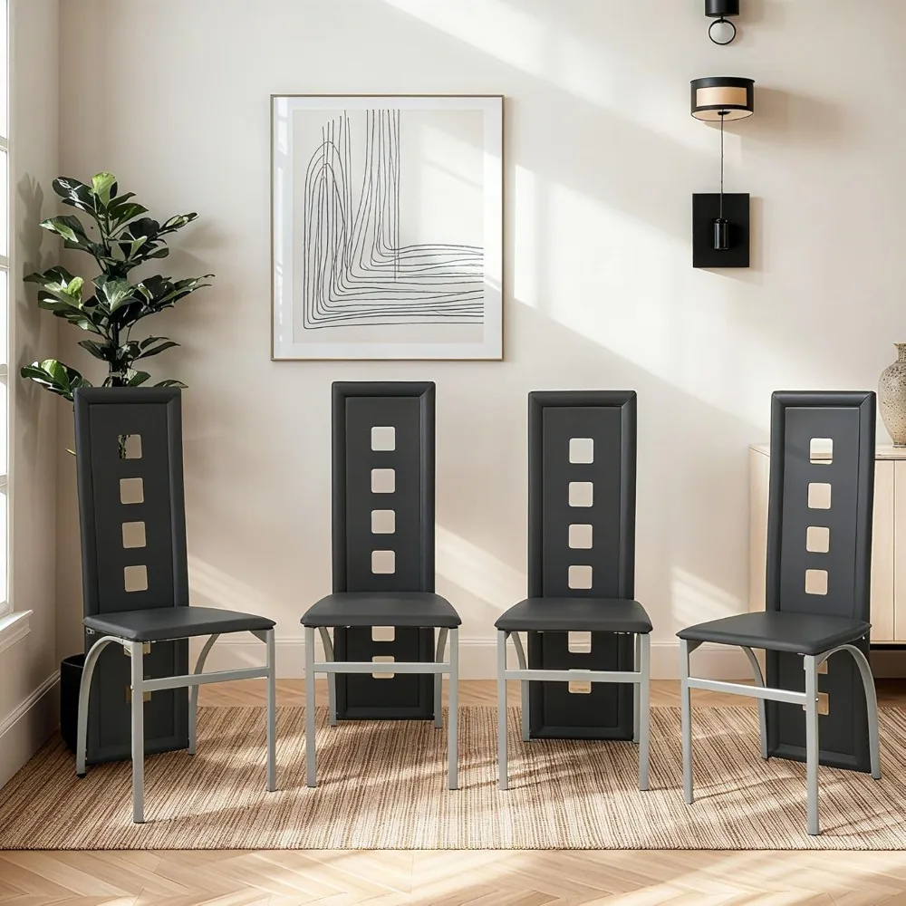 

Modern Openwork Dining Chair Set (4 Pieces), Black Dining Chairs, PVC Backrest, Leather Seat Cushion.