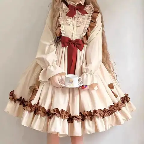 Doll Retro Lolita Dress for Women Lovely Cute Autumn and Winter Long Sleeve Bow Sweet Girl Waist Slimming A-line Fuffly Dress