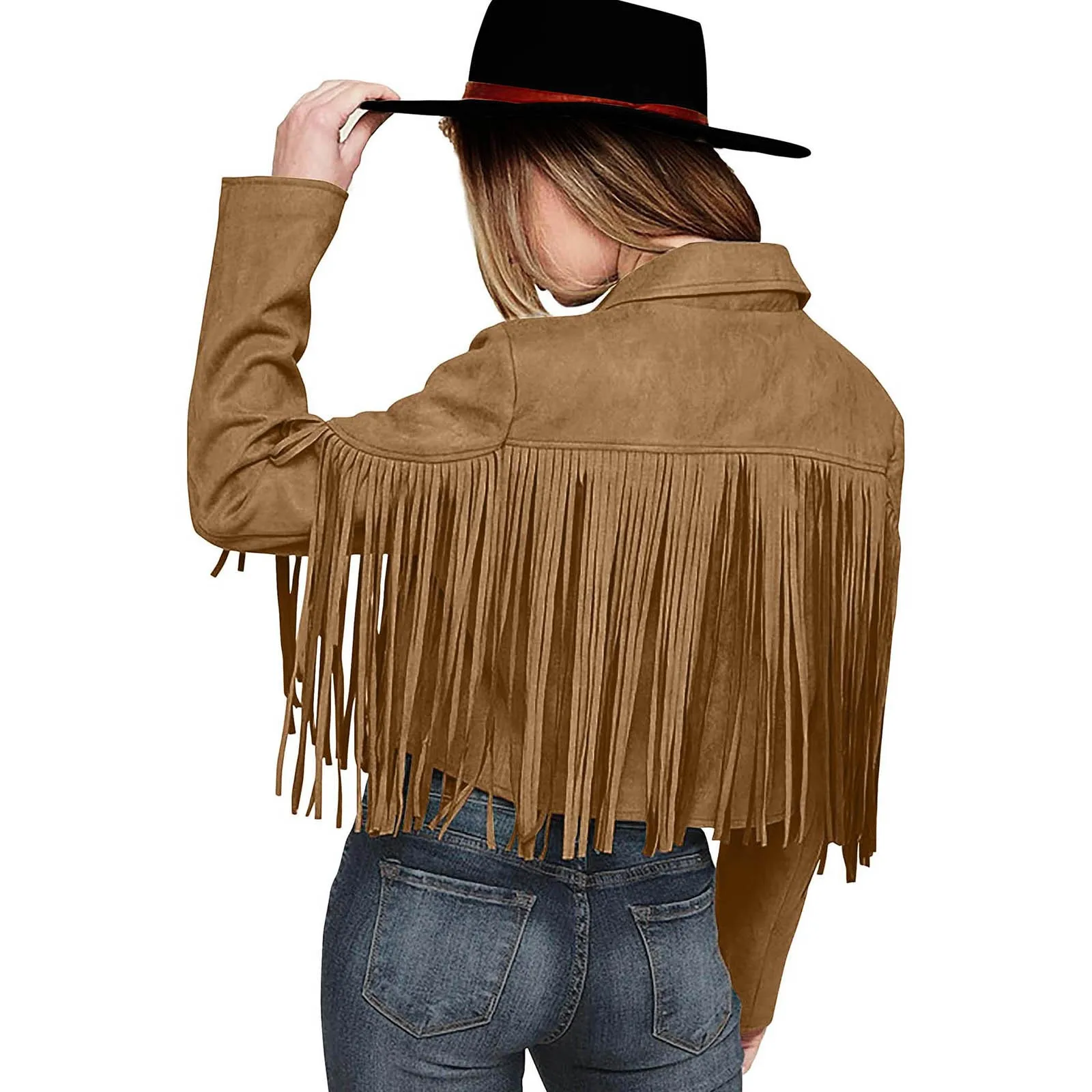 Women Fringed Hem Tassel Cardigan Crop Tops Faux Suede Leather Motorcycle Jacket Hippie Vintage Streetwear Lapel Coat