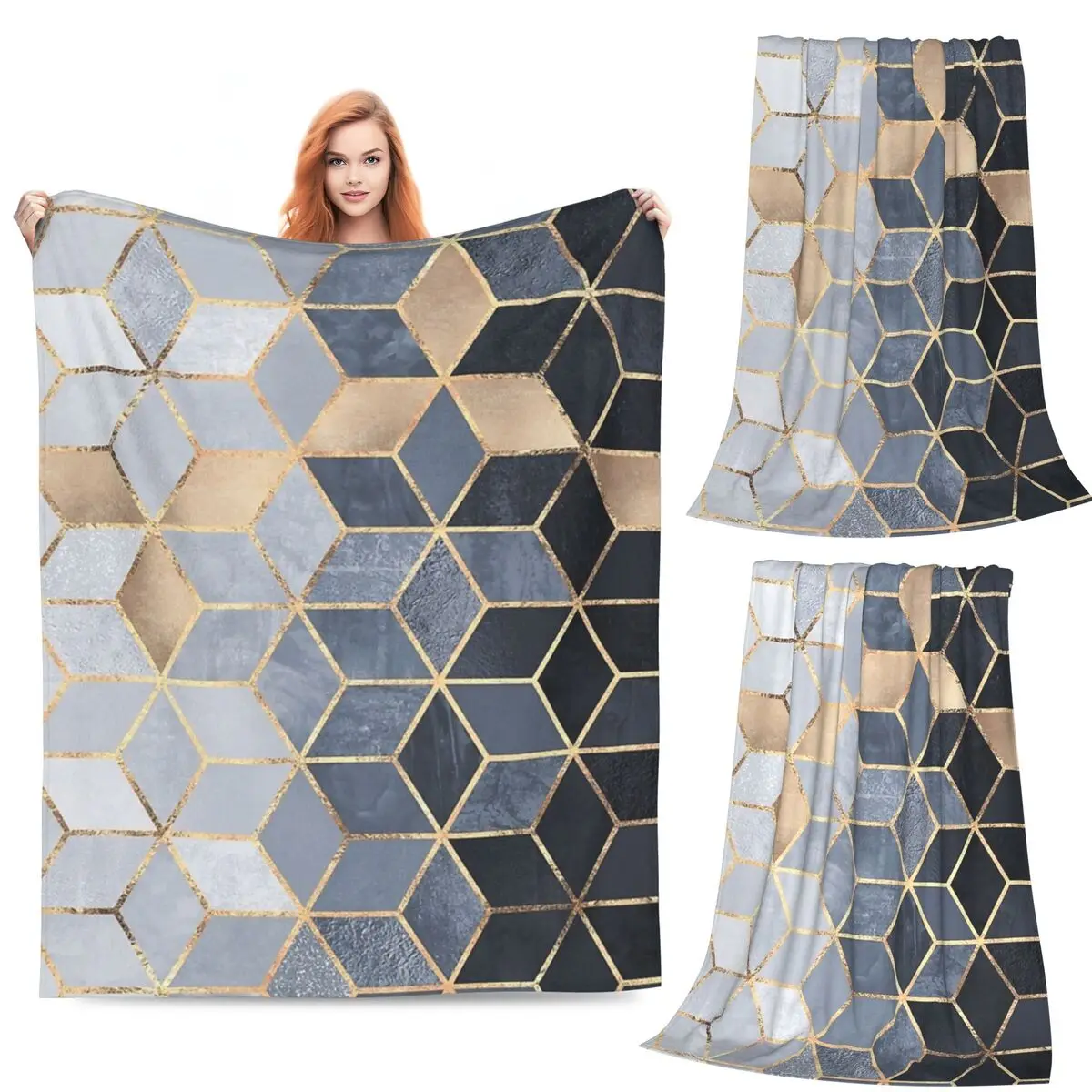 

Soft Blue Gradient Cubes Blankets Fleece Sofa Multi-function Throw Blankets for Couch Bedding Outdoor Throws Bedspread Quilt