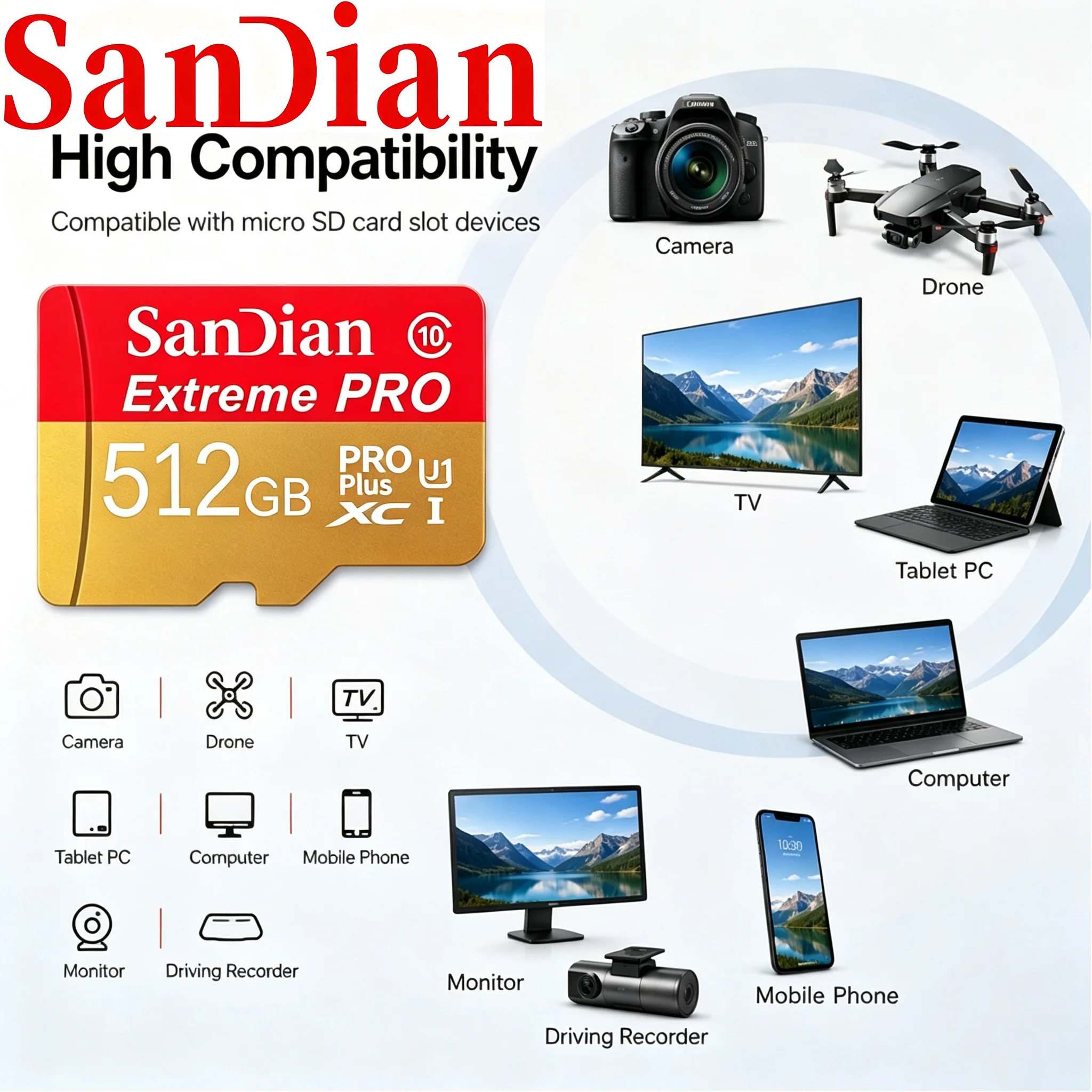 Micro TF SD Card 128GB Memory Card 256GB SD Cards 64GB TF Cards 8K 4K A2 for GoPro/Surveillance/Dash Cam/Gaming Console/GPS