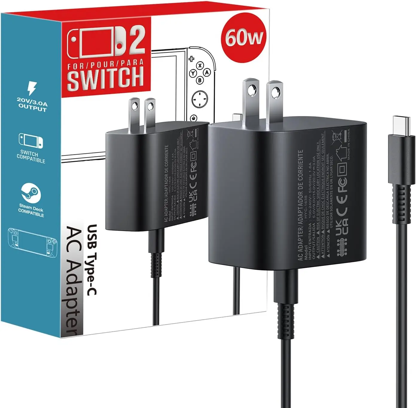 

Зарядный кабель для адаптера Switch 2, зарядное устройство USB-C 60 Вт, сменный шнур-адаптер переменного тока, аксессуары для контроллера PS5, поддержка док-станции для ТВ