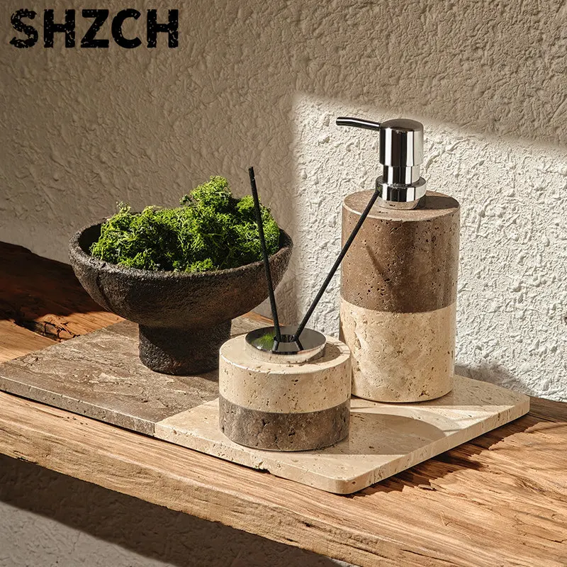 Travertine Bathroom Lotion Dispenser Set, Stone Storage Tray for Vanity, Vintage Glass Bottle Decor, Aesthetic Home Accent
