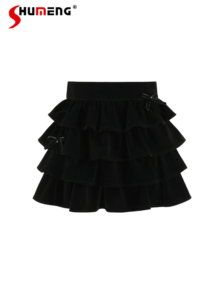 Ladies Small Fragrant Black Velvet Cake Skirts Women 2024 Winter New Solid Color Bow Nice High-end Pettiskirt A-line Short Skirt