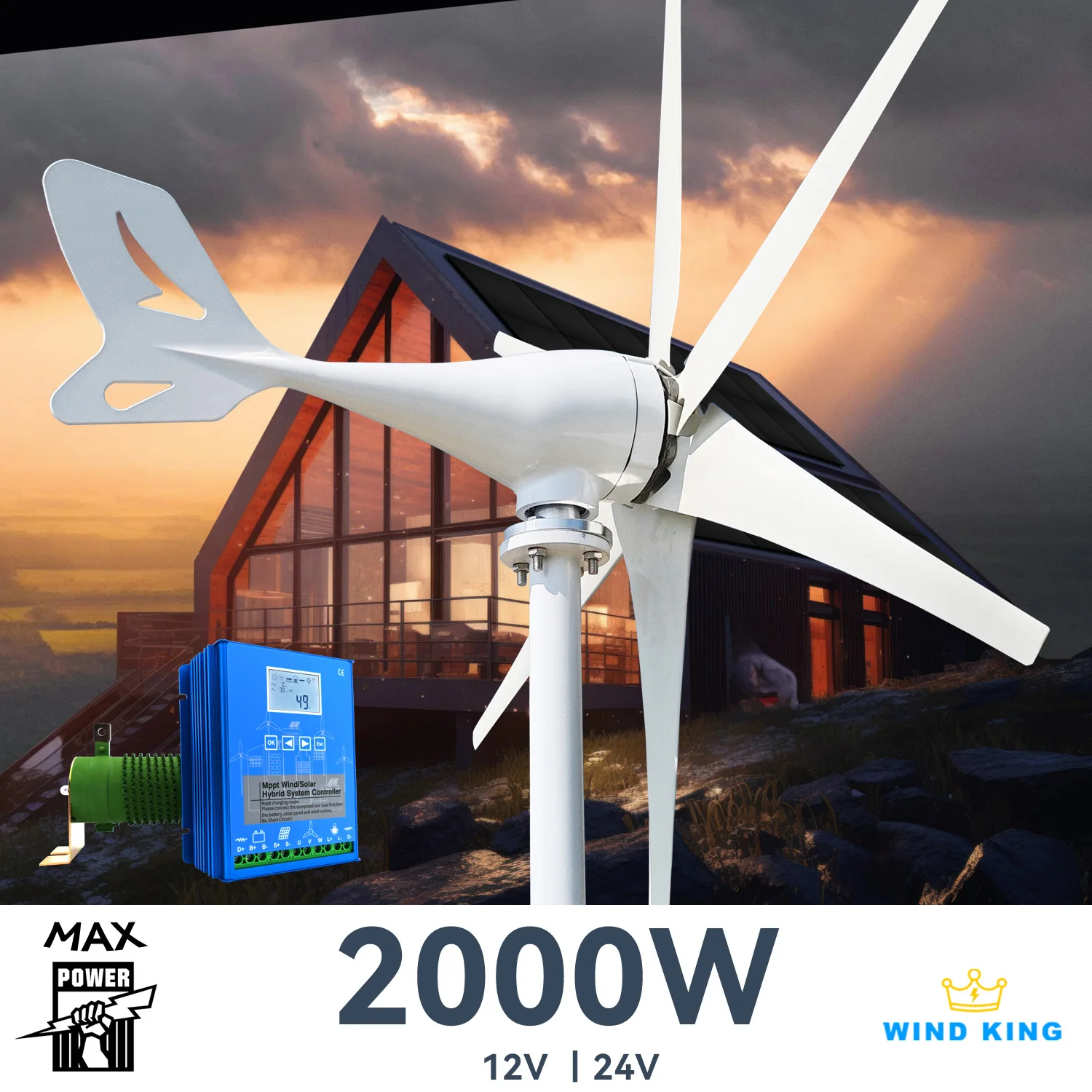 Wind Turbine 2000W Power 2kw Generator Windmills With MPPT Hybrid Solar Charge System, Home Use 6 Blades Horizontal