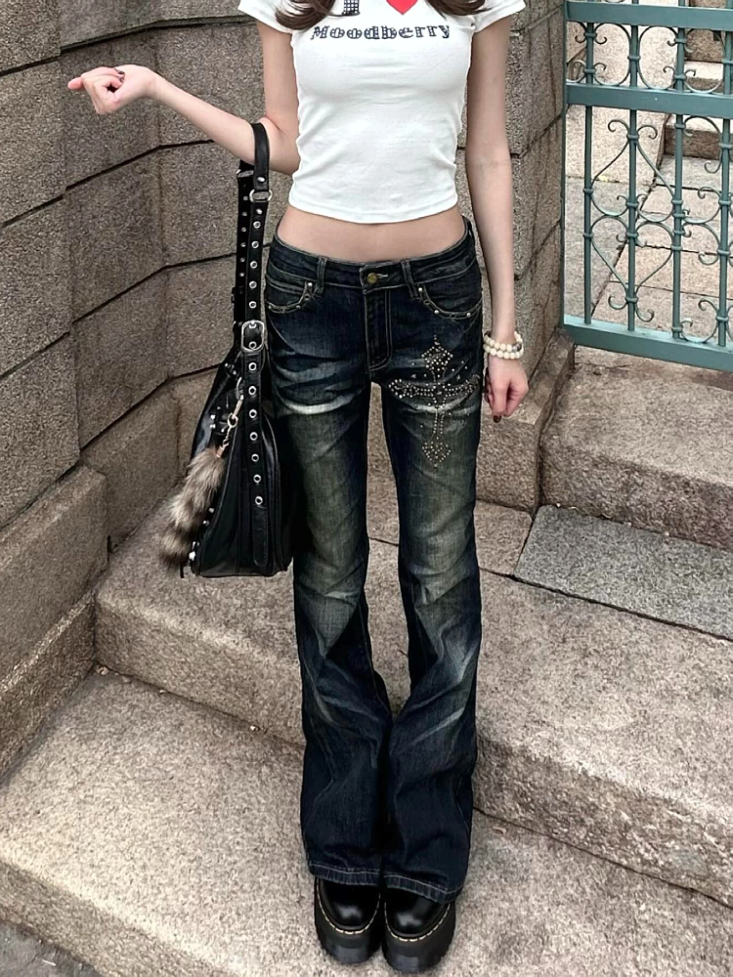 

plus Size American Street Style Sexy Cross Rhinestone Flared Jeans Women's Vintage Washed Slimming Long Trousers Trendy