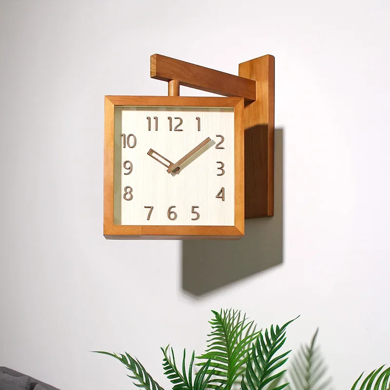 Wall-mounted Light Luxury Corner Clock Living Room Household Fashion Simple and Modern Decor Solid Wood Double-sided Wall Clock