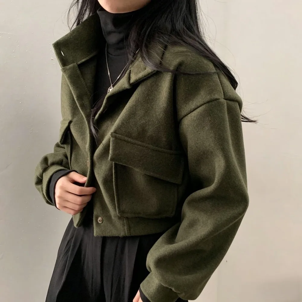 Retro Womens Solid Color Stand Collar Jacket Wool Polyester Blend for Vacation Beach Cycling and Outdoor Travel Wear