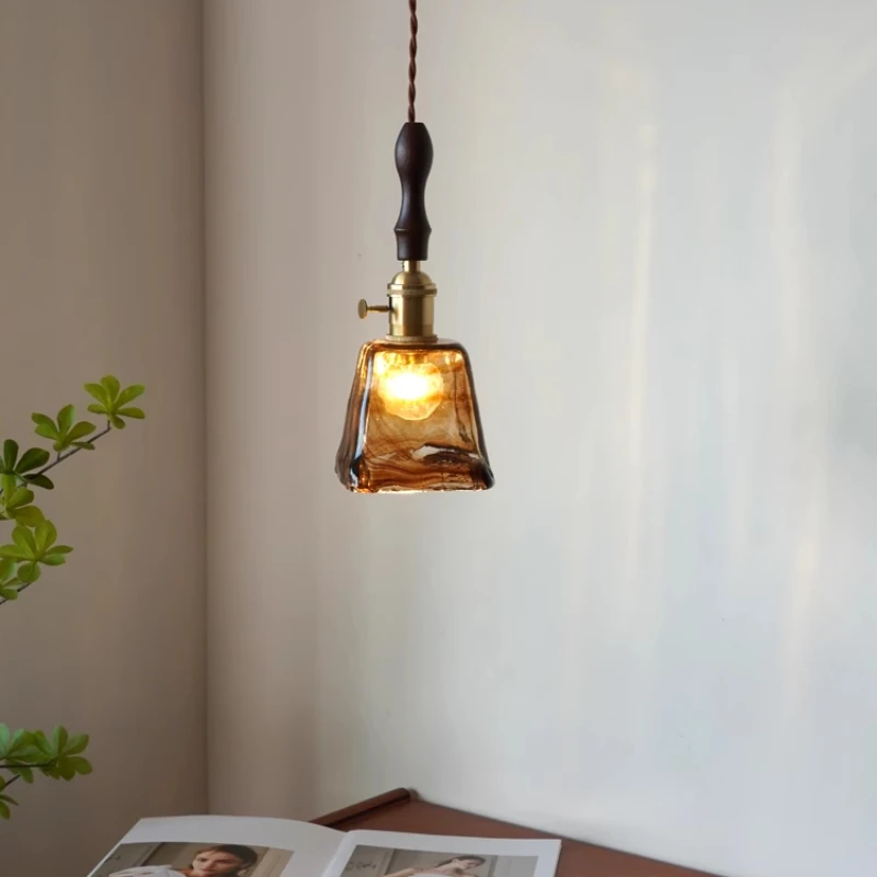 American Brass LED Ceiling Pendant Lights Square Amber Glass Chandelier Retro Living Room Restaurant