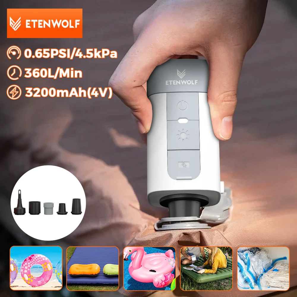 

Электрический воздушный насос ETENWOLF AIR 2 pro, 3200 мАч, надувные лодки, 2 шт., более быстрая инфляция и дефляция для надувного матраса, спальных подушечек