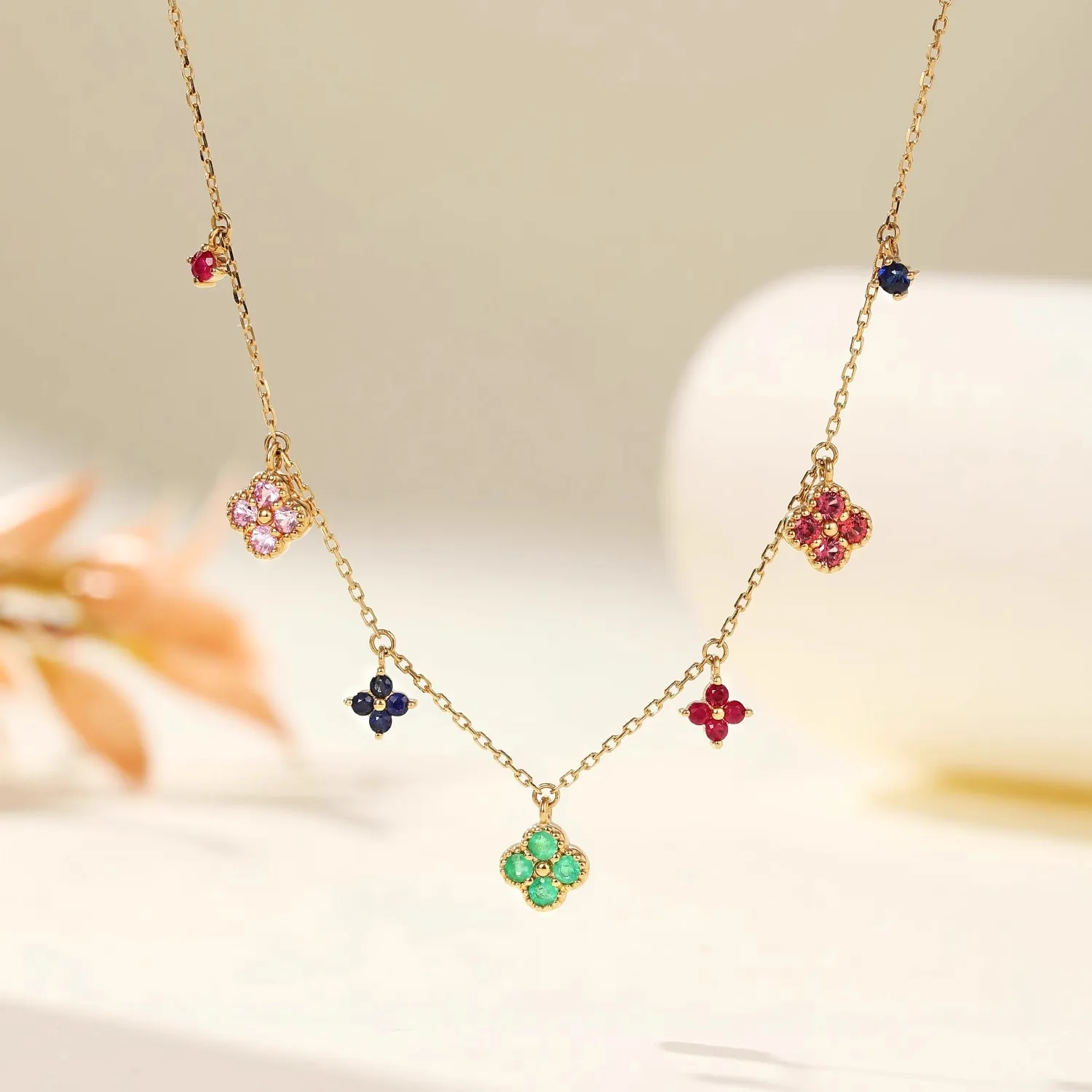 18K gold Four leaf clover colorful gemstone necklace