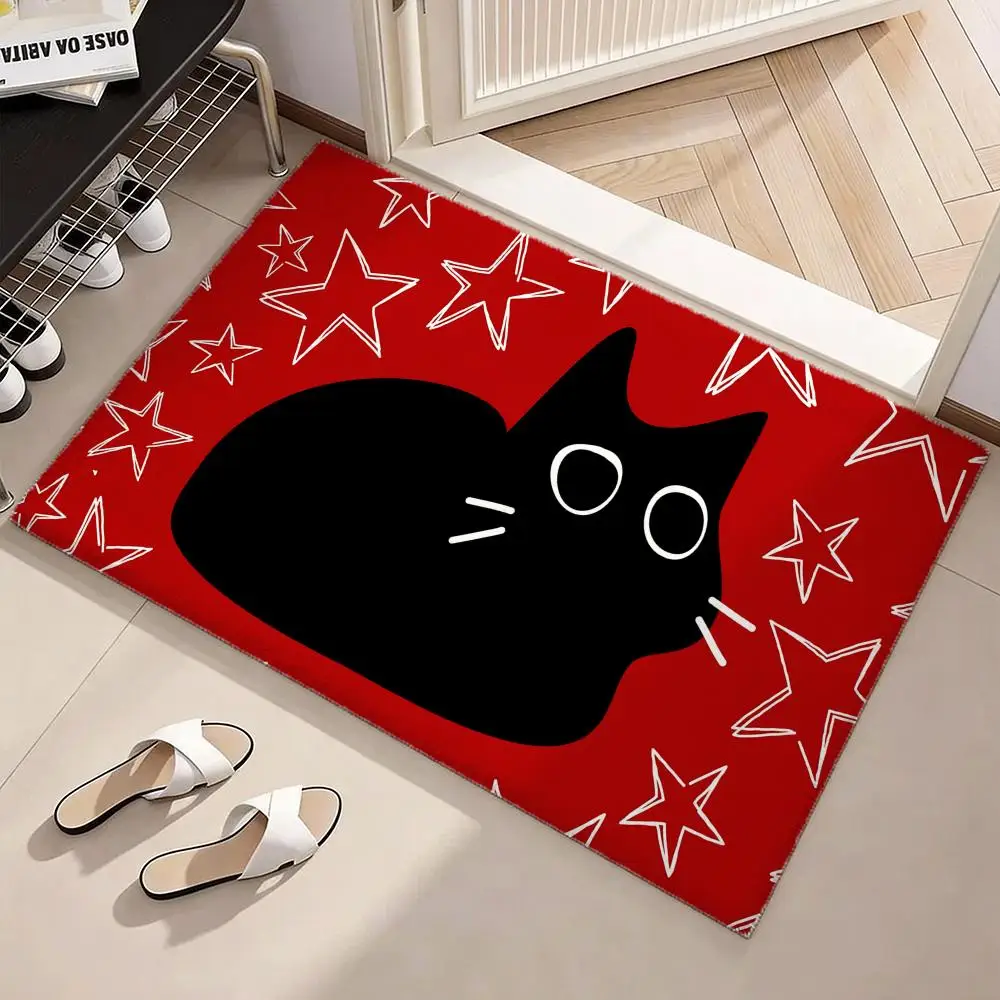 Funky Quirky Black Cat Illustration Floor Mat Soft Flannel Non-Slip Door Mat - Thickened Rug for Living Room Home Decor