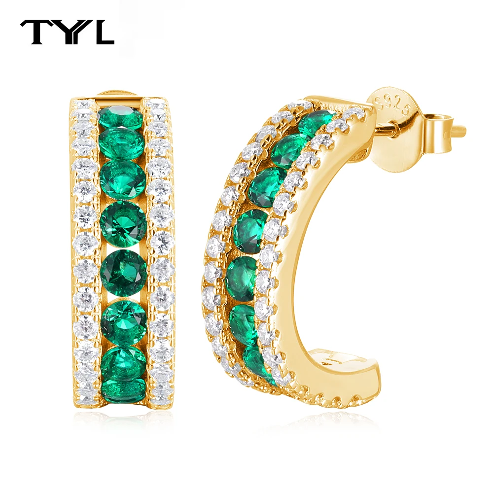 

TYYL Lab Grown Emerald Half Hoop Earrings for Women Moissanite Arc Design Diamond Ear Circular Earring S925 Silver Jewelry Gifts