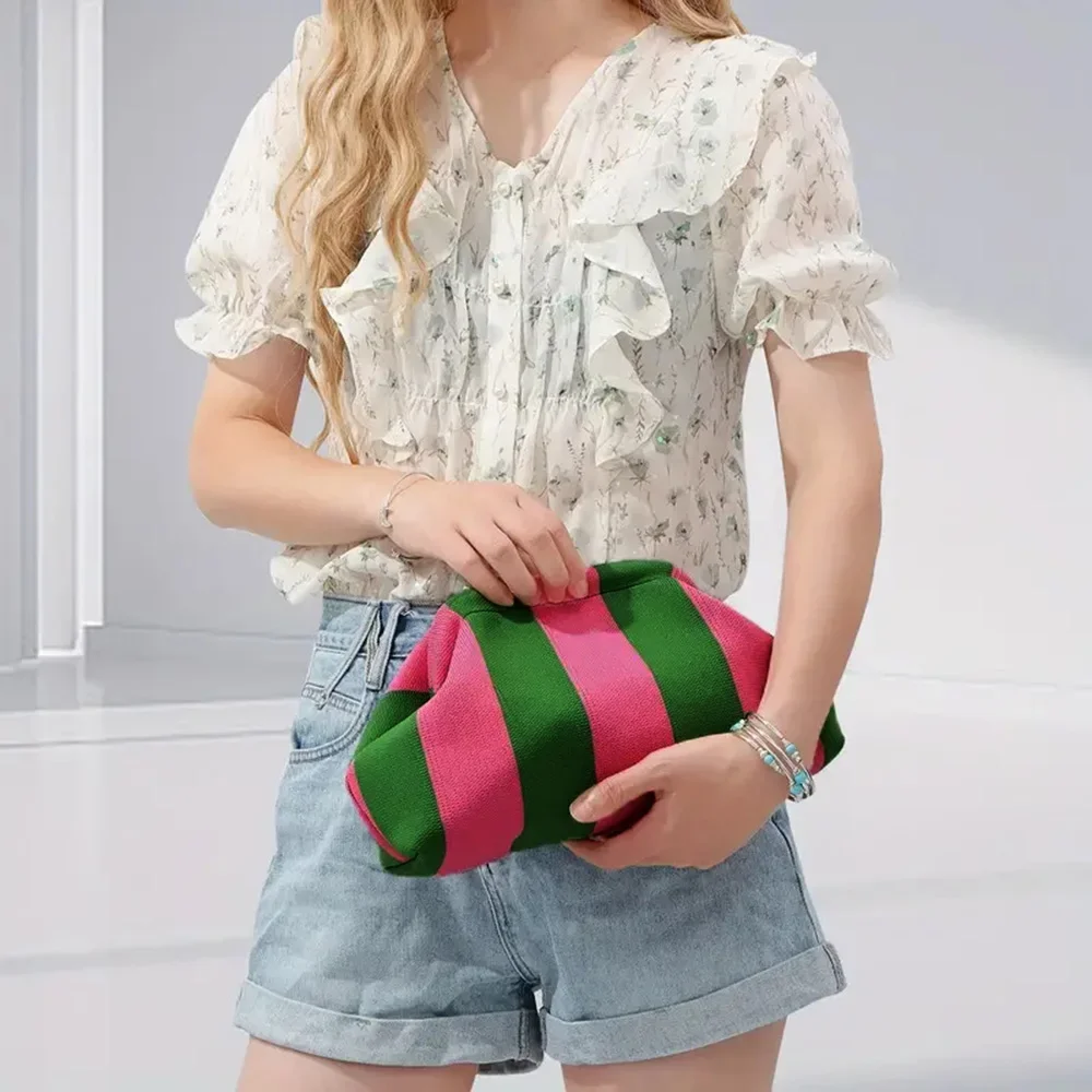 الصيف حقيبة صغيرة للشاطئ للنساء المنسوجة حقائب اليد الكروشيه المحافظ الحياكة زلابية مخلب Ruched لطيف سحابة عادية كولوربلوك حقيبة #6