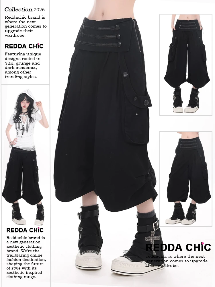 REDDACHiC Grunge Black Cargo Jeans Jorts Women Emo Button Decor Elastic Waist Pleat Denim Bermuda Pants Punk Alternative Clothes view 6