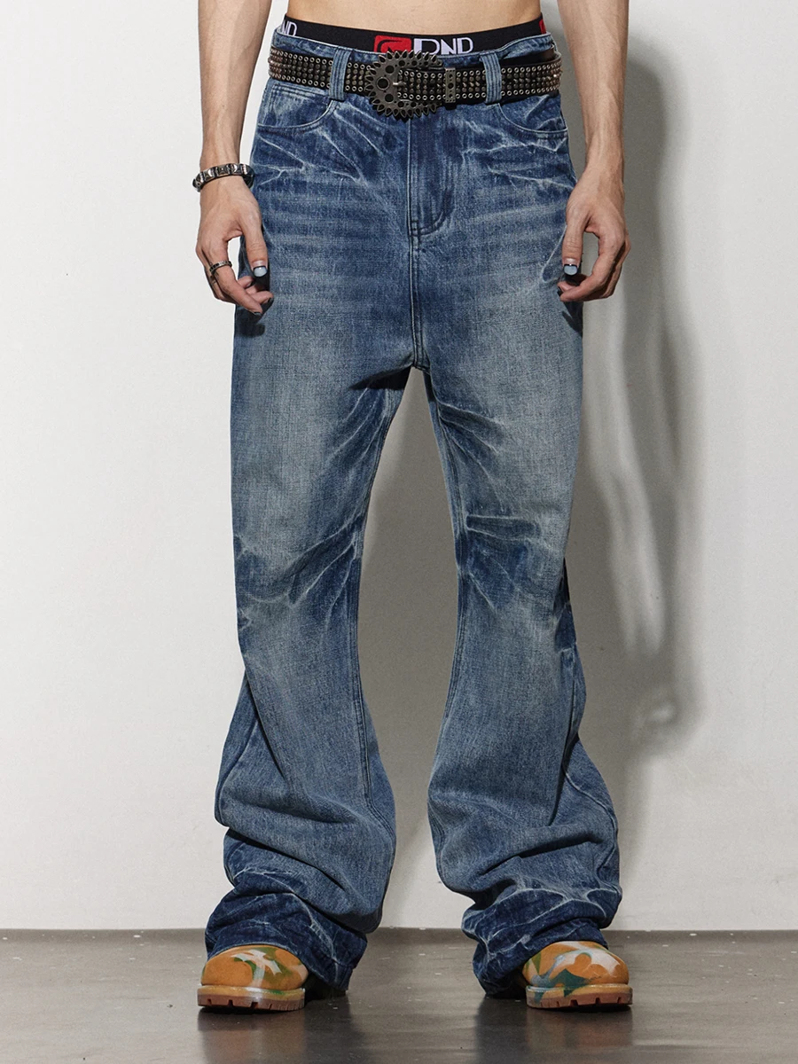 

American Retro Pattern Heavy Industry Washed Dirty Wash Worn Jeans Straight Slightly Rough