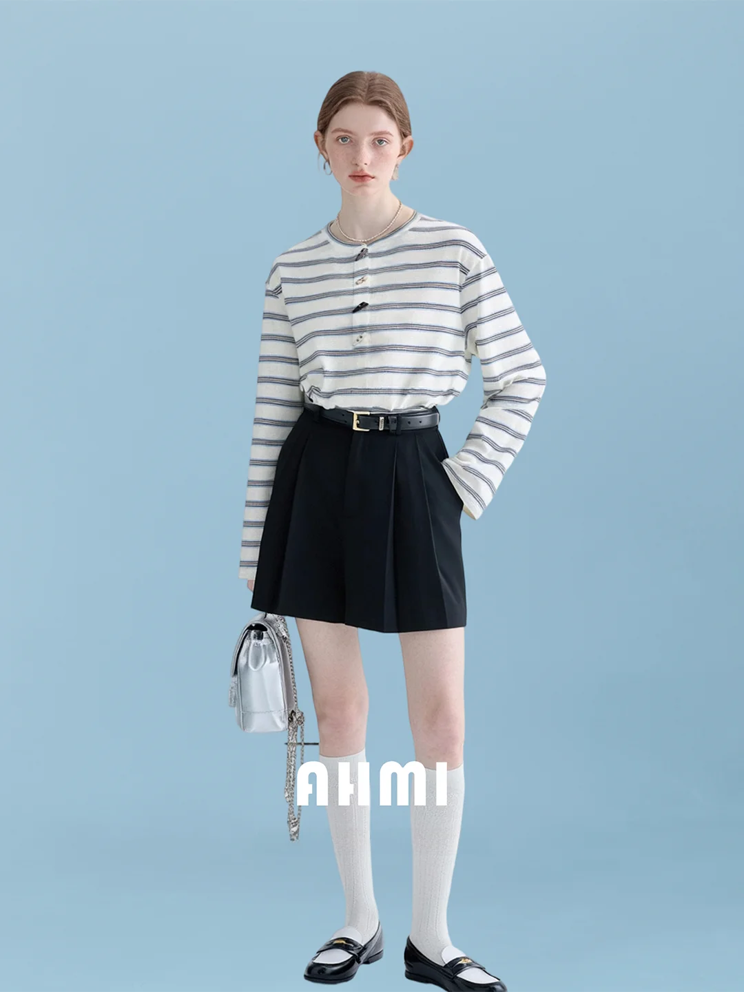 

Женская повседневная футболка AHMI с длинным рукавом в полоску, новинка весенней коллекции, свободный крой, воротник хенли, дышащий топ из смесового хлопка и полиэстера