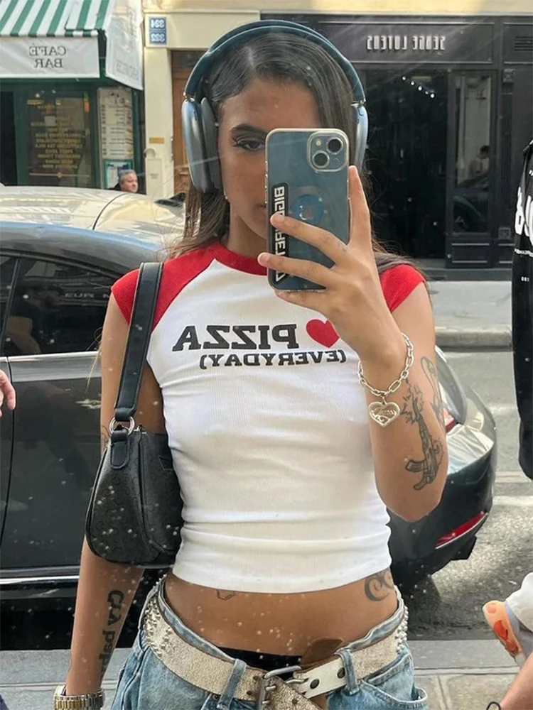 レディースピピザTシャツ,半袖トップス,ヴィンテージストリートウェア,サマースリムTシャツ,クロップトップ,美的服,y2k,2000s
