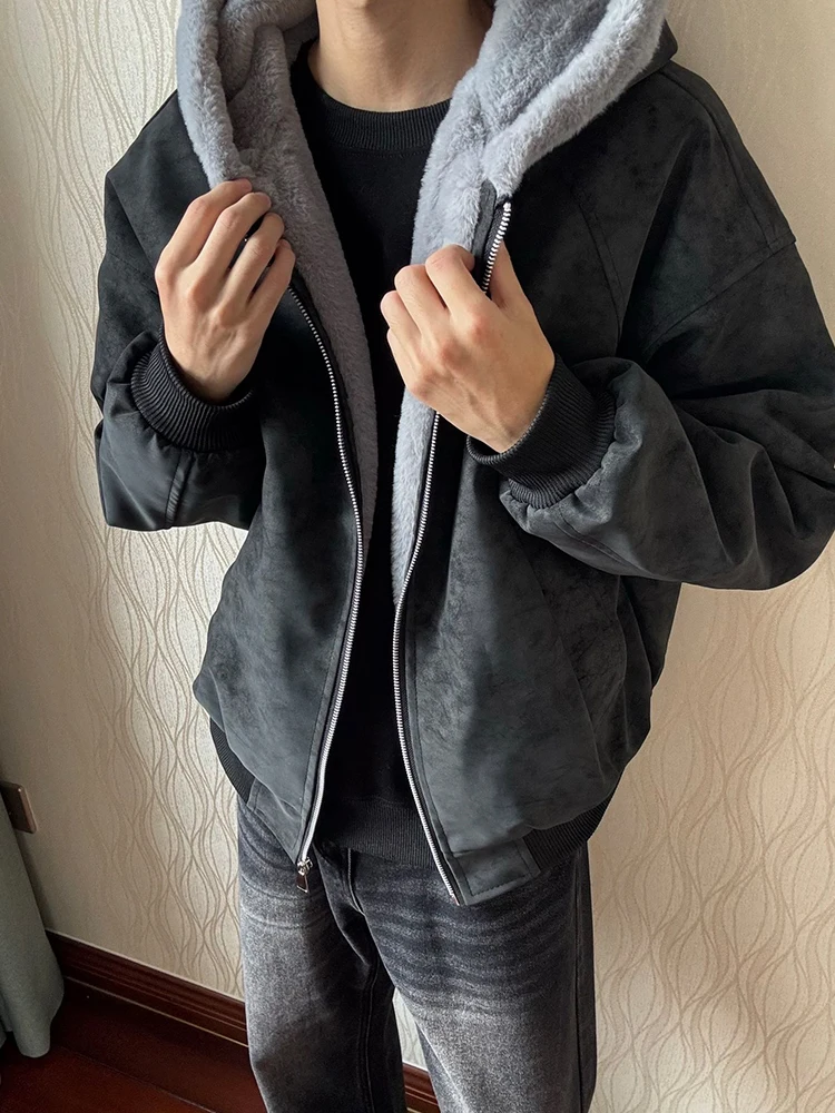 

Retro American Style Plush Cotton Jacket for Couples Hooded Men's Women's Thickened Loose Fit Youthful Popular Long Sleeve Coat