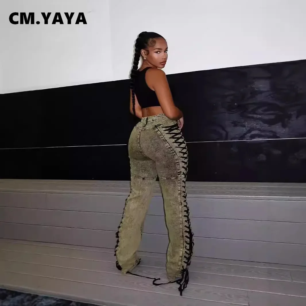 CM.YAYA Women Streetwear Cutout Side Lace Up Cargo Pencil Denim Wide Leg Jeans Pants 2024 Fall Casual Fashion Holiday Trousers