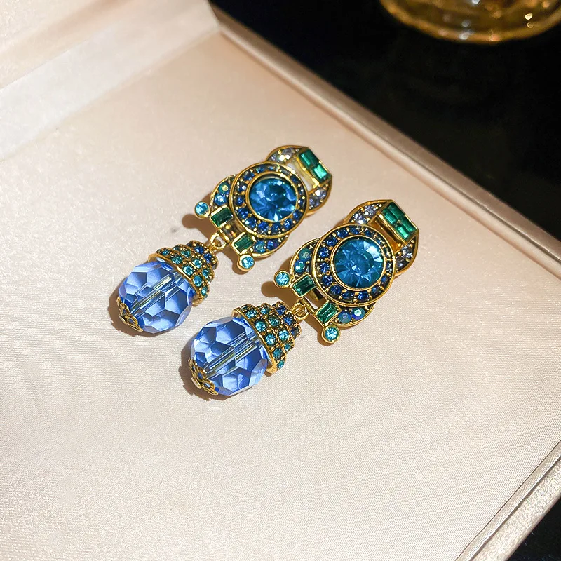 Women's Vintage Blue Water Drop Crystal Clip Earrings