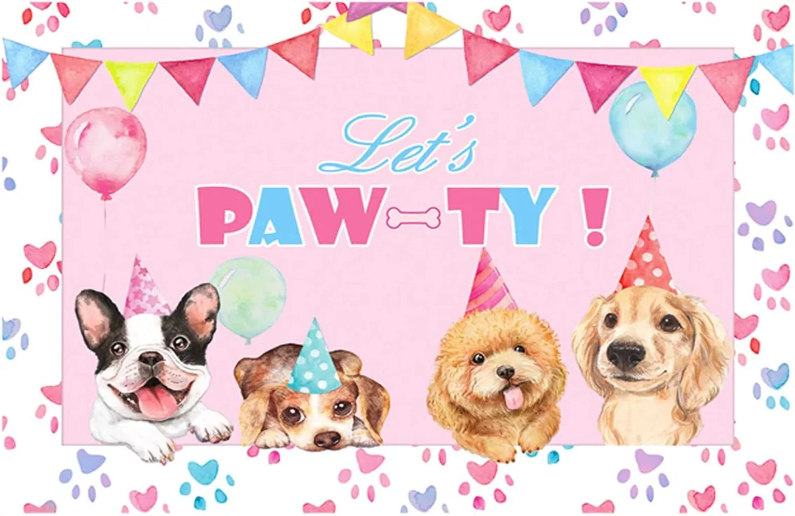 Puppy Dog Birthday Party Backdrop Let's Paw-ty Theme Paw Prints Doggy Pet Pink and Blue Supplies Photo Decorations Booth Banner