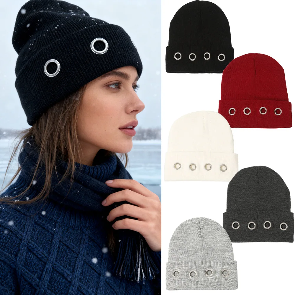 Winter Ladies' Knitted Hat Metal Openwork Y2K Vintage Punk Style Cold Cap Rivet Elastic Hairband Fashion Trends Accessories