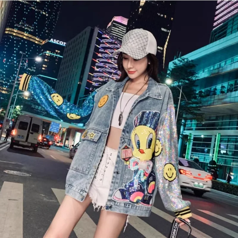 

Loose Patchwork Cartoon Embroidered Feathers Sequin Long Sleeve Jacket Autumn Winter Streewear Turn-Down Collar Women Coats