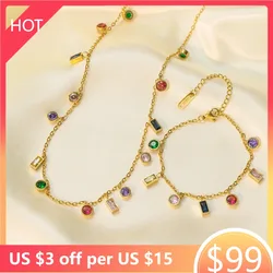 Kolmnsta Colored Zircon Square Crystal Tassel Necklace For Women Girls Gold Plated Choker Titanium Steel Bracelet Jewelry Sets
